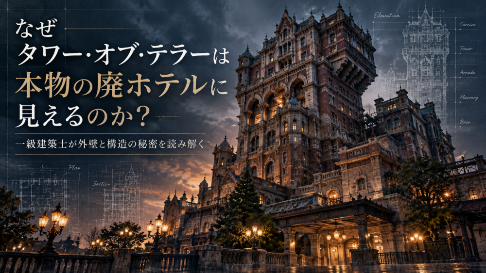 「タワー・オブ・テラーのホテルハイタワーの外観と建築図面を組み合わせた、外壁装飾と建物構造を解説するイメージ画像」